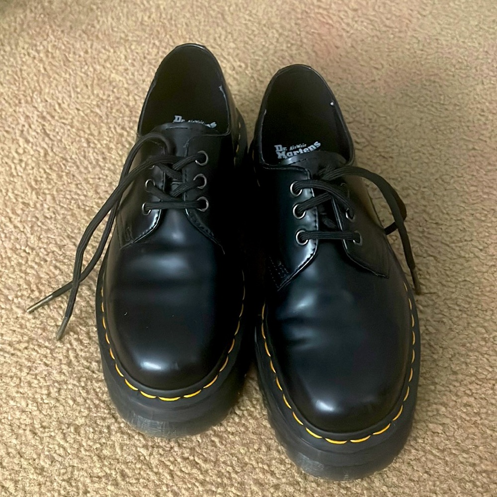 Dr. Martens Black Leather Platform Oxfords with Yellow Stitching